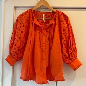 Anthropologie Chantal Orange Eyelet Puff Sleeve Blouse Lace Top size xs